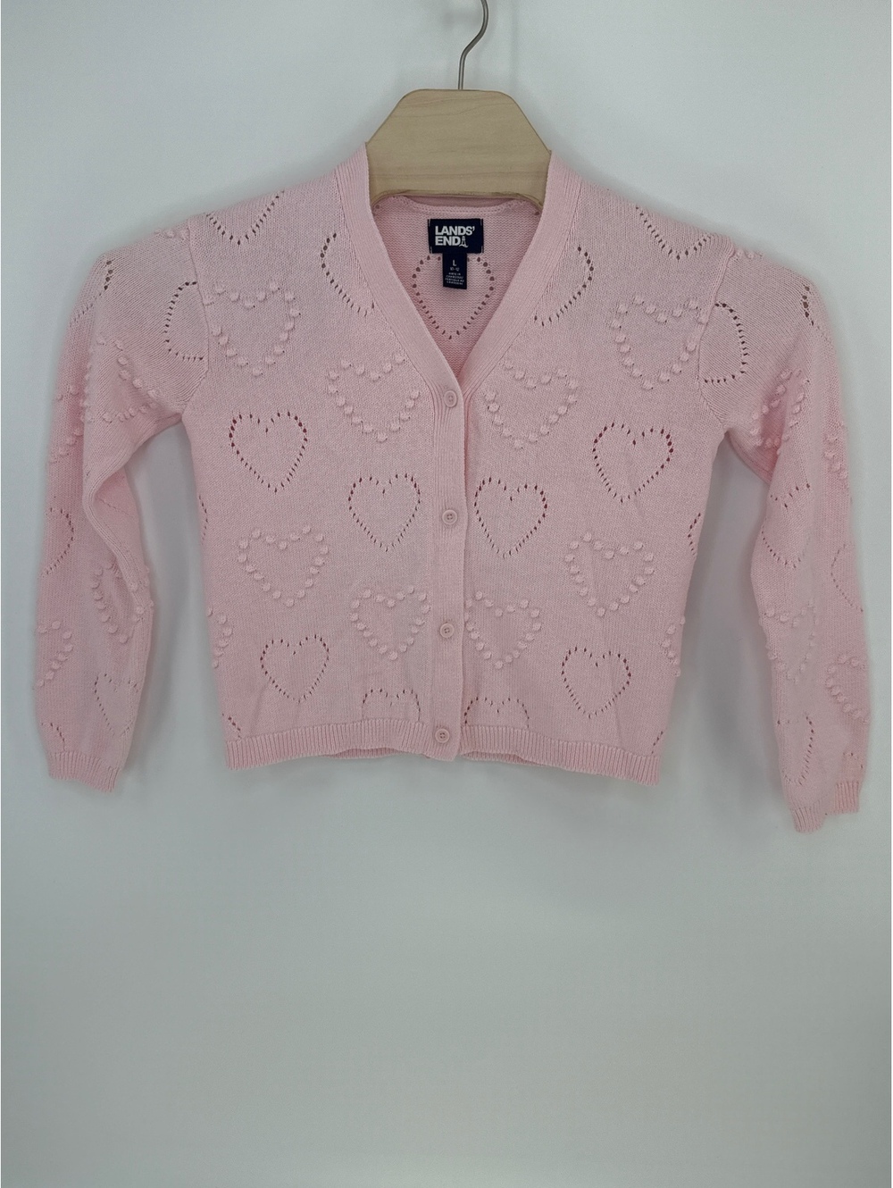 Lands' End Girls Pink Heart Pattern Cotton Cardigan Size L 10-12